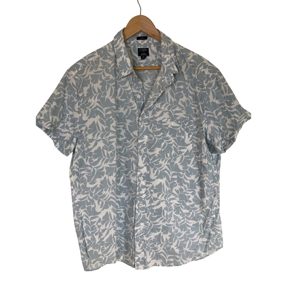 J.Crew Flex Washed Slim Fit‎ Short Sleeve Button Down Shirt Blue Leaf Print XL